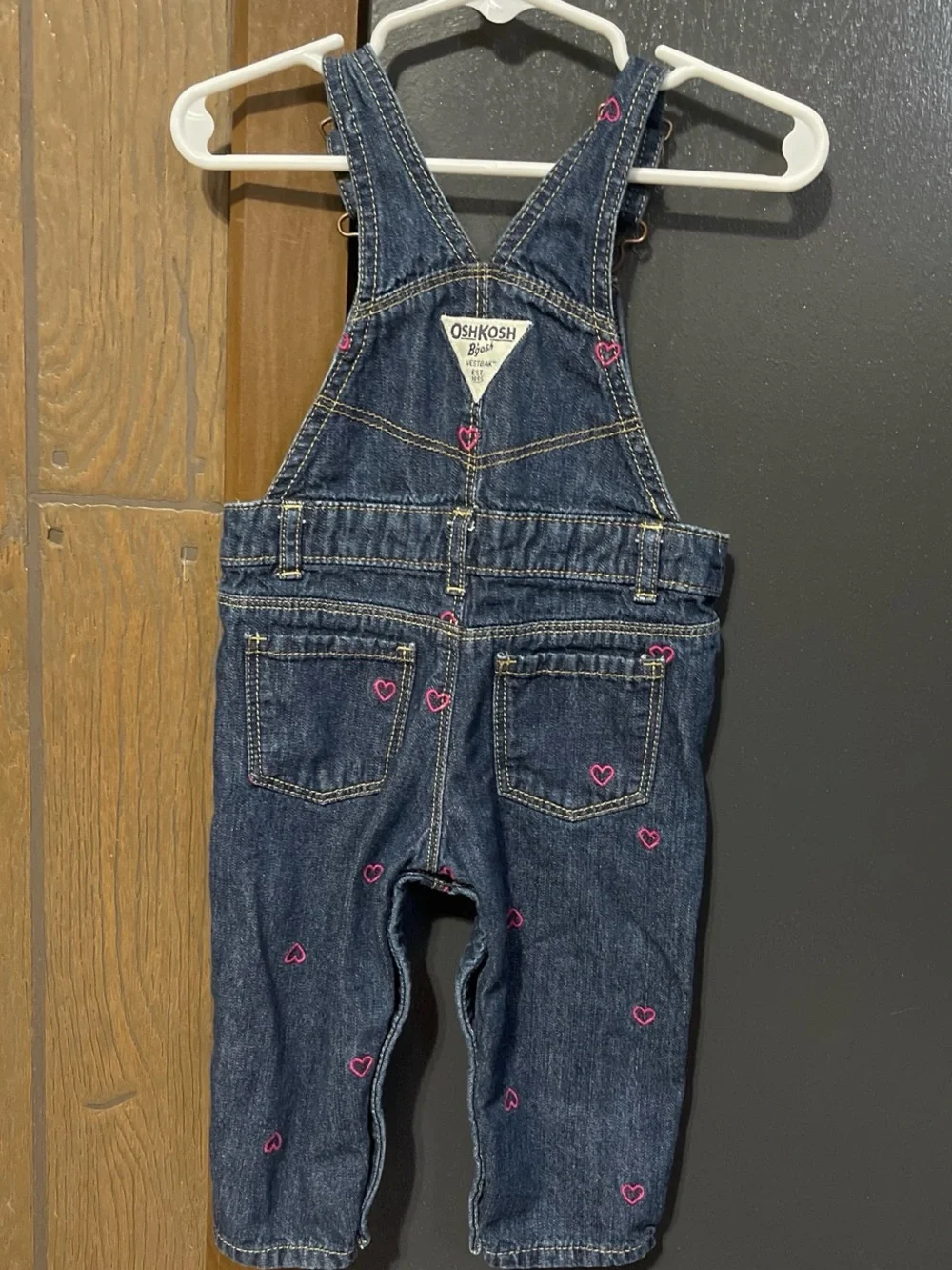 Vintage OshKosh B'gosh Dark Blue Denim Overalls with Pink Heart Accents